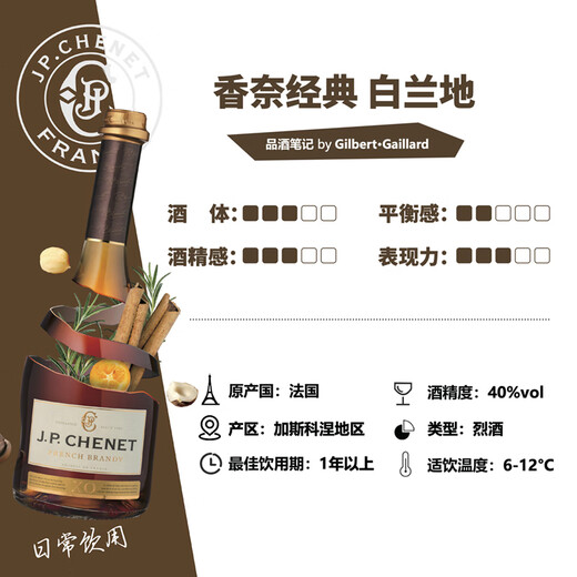 香奈（J.P.CHENET）XO经典白兰地 官旗法国原瓶进口平价白兰地40度歪脖洋酒送礼调酒 经典白兰地XO 700mL 1瓶
