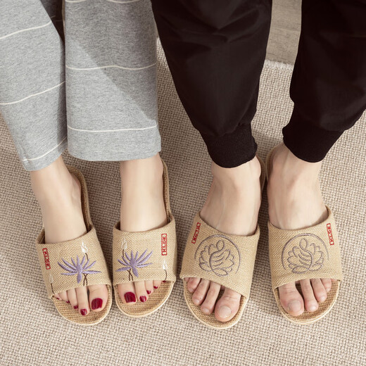 熠牧夏季中国风亚麻拖鞋男女居家情侣防滑软底家用地板绣花麻布凉拖鞋 女款梅花红 37-38 (250mm) 女款