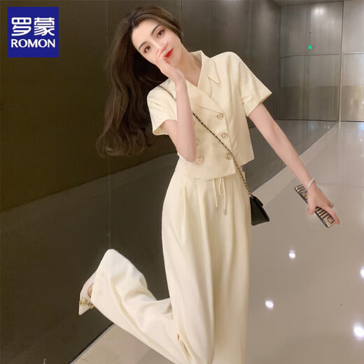 罗蒙（ROMON）小香风套装女夏季2025新款盐系轻熟高级感减龄气质简约休闲两件套 杏色长裤 L