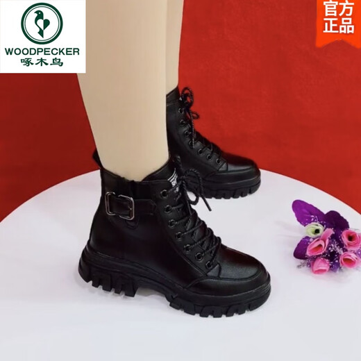 Woodpecker genuine leather thick sole Martin boots for women 2025 new autumn and winter warm boots versatile soft sole flat sole plus velvet thickened short boots black (single) 37