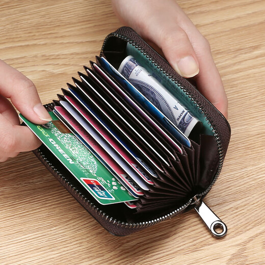 Qigeer Real Cowide Kartenbeutel für Männer Anti-Demagnetisierungskartenclip Ultra-dünn Anti-Diebstahl-Bürstenzertifikat Paket mit großer Kapazität von weiblichen Bankkarten Kleine Kartenclip schwarz [14 Gitter]