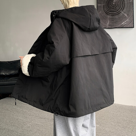 Poke Workwear Assault Cotton Clothes Men's Winter Velvet Thickened Lamb Velvet Extra Large Size Cotton Jackets Loose and Handsome Cotton Jackets Black Velvet Style 2XL 140-160Jin Jin is equal to 0.5 kg