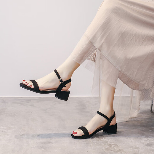 斯普王（SIPUWANG）凉鞋女2025年新款夏季百搭平跟粗跟一字带鞋时装罗马女鞋 黑色-跟高2.5厘米 698-2 39