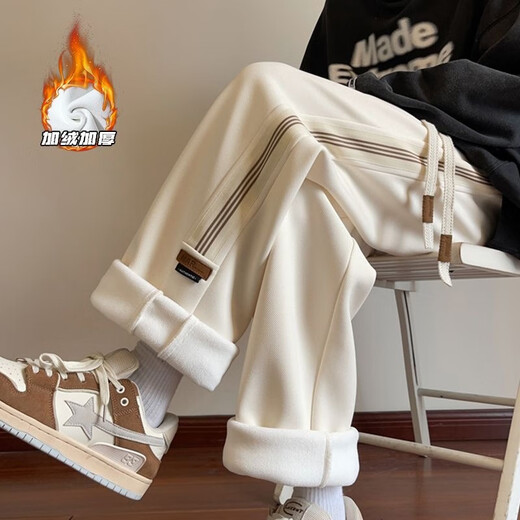 Katuchi American style velvet thickened striped casual pants for men in autumn and winter loose trendy straight wide-leg sports sanitary trousers beige-velvet XL recommended 130-150Jin Jin equals 0.5 kg