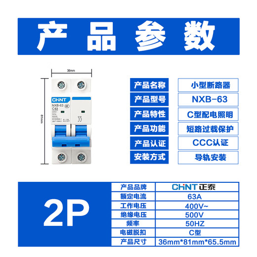 Chint (CHNT) overload air switch NXB-63-2P-C63 small circuit breaker 63A