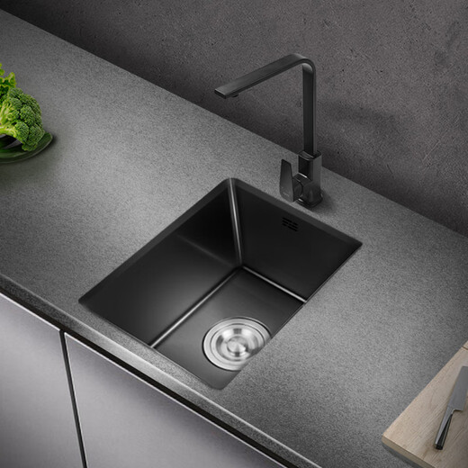 PULT Black Nano Kitchen Balcony Bar Handmade Small Sink Single Tank 304 Stainless Steel Washing Basin Mini Washing Pot With 6193 Round Faucet Full Set 380x300mm