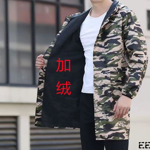 Guiren Xiong velvet thickened smock, warm coat, men's and women's work clothes, waterproof and oil-proof camouflage long coat, kitchen long-sleeved labor insurance suit, green floral (with hood), medium size (120-170)