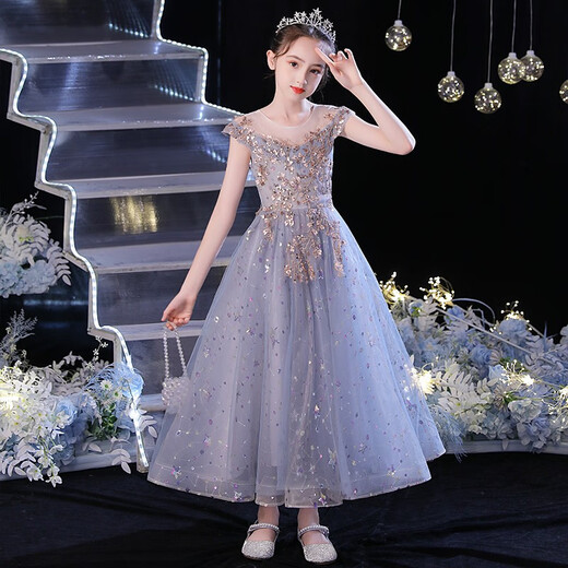 Little Kayi Girl Girl Princess Falda Cumpleaños Falda Hopfy Host Niños Vestidos de noche Piano ropa Flower Flower Children Boda Summer Noble Azul 1591 MANEVELESS Long Style 130