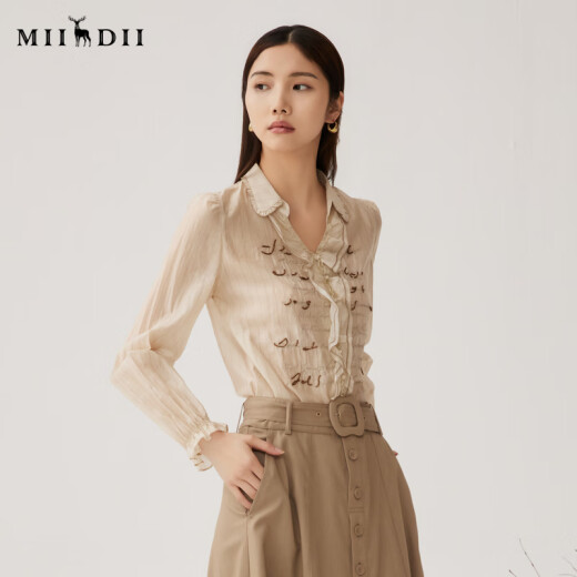 谜底衬衫长袖女2024秋季新品通勤风V领钉珠绣花H型衬衣243MC1098 灰卡其条 M