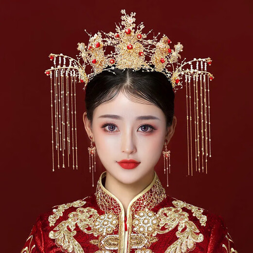 Rong Xia bride Xiuhe headdress Chinese style grand phoenix crown integrated Xiuhe clothing hair accessories step rock wedding girl Hexiu ear hook style