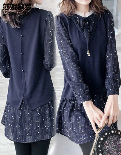 Shanidoluo Fat Damen-Kleidung schlankes Kleid neuer Frühlings- und Herbst-Chiffon-Hemd Langes Bauch Cover T-Shirt 15283 Dunkelblau 2xl empfohlen 120-140jin [Jin gleich 0,5 kg] zum Tragen