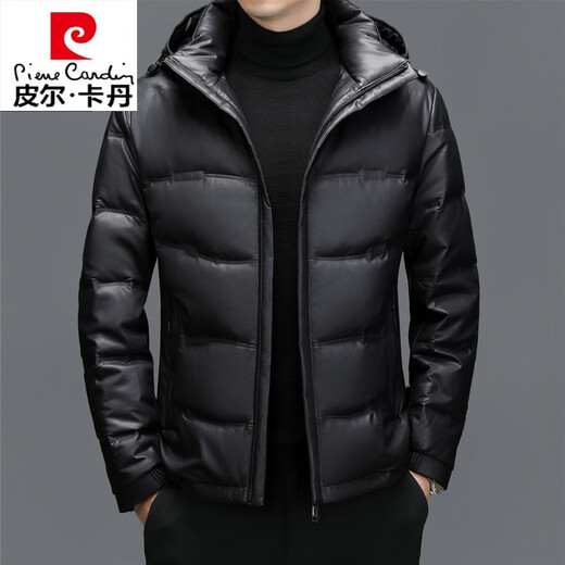 Pierre cardin leather down jacket men stand collar leather jacket dad winter middle-aged leather jacket thickened warmth thin jacket men's black 6627 style L 175