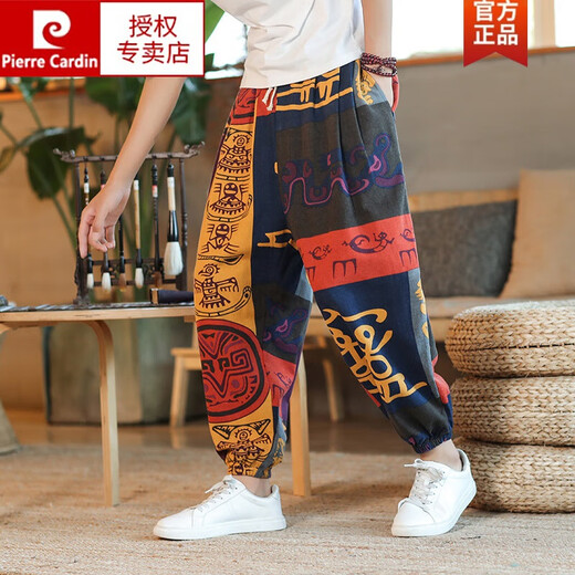 皮尔卡丹（pierre cardin）中国风大码休闲亚麻哈伦裤春秋花裤子男棉麻尼泊尔阔腿灯笼裤针织 中国龙 M