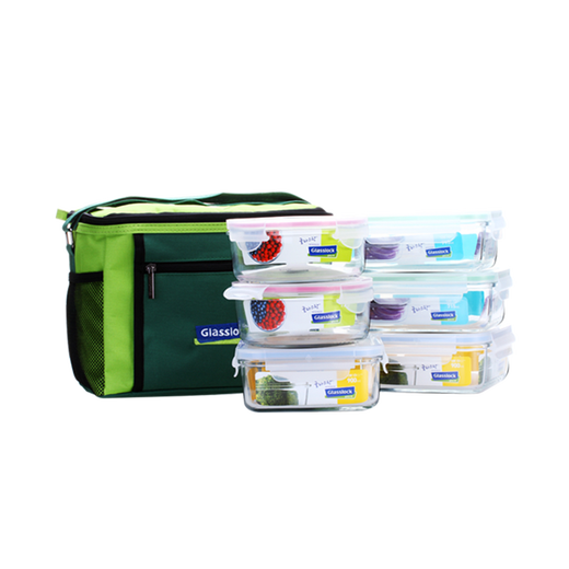 
GLASSLOCK Korea Heat-resistant Tempered Glass Lunch Box Microwave Refrigerator Fresh Box Multi Specifications Separation 670ml+695ml+bag