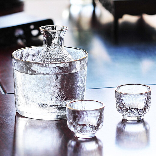 Katav Japanese-style sake pot set hammered glass cup sake cup yellow wine cup wine warmer white wine small cup red wine wine set wine divider yellow wine cup jug Japanese-style sake pot 1 pot 4 cups + wine warmer set (gold pattern)