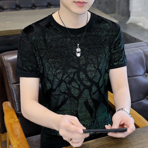 Yimuqi strömt europäische Waren Männer Ice Silk Hollow in Kurzärmer T-Shirt Herren 2023 Sommer Top Trendy Kleidung Männer 3892 Grün 12xl m -120jin [Jin ist 0,5 kg]