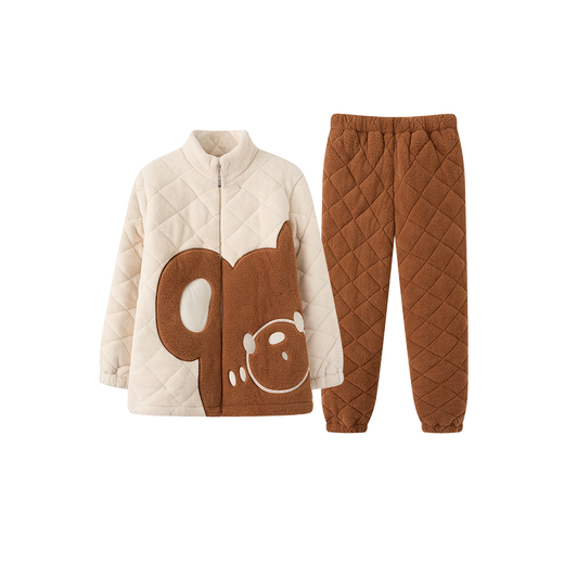 Fenten couple's pajamas autumn and winter quilted plus velvet stand-up collar anti-static long-sleeved pajamas set cartoon bear home clothes off-white-women's M