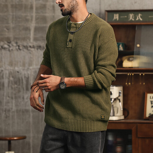 Hou Teng American Henry Collar Sweater Men's Autumn and Winter 2025 New Trendy Brand Casual Sweater Men's Wool Clothing Men's Wear Tuhao Green 2XL (160-180Jin Jin is equal to 0.5 kg)