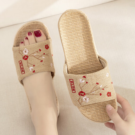 熠牧夏季中国风亚麻拖鞋男女居家情侣防滑软底家用地板绣花麻布凉拖鞋 女款梅花红 37-38 (250mm) 女款