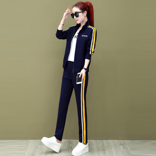 sustory women's Korean style slim three-piece casual sportswear long-sleeved loose autumn style jacket women's suit QDsu349 sapphire blue 2XL
