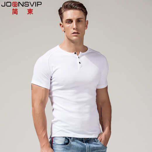 
Simple Henry shirt short-sleeved T-shirt men's solid color cotton open tie buckle Henry neckline thread tight body shirt summer blue M (about 60kg)