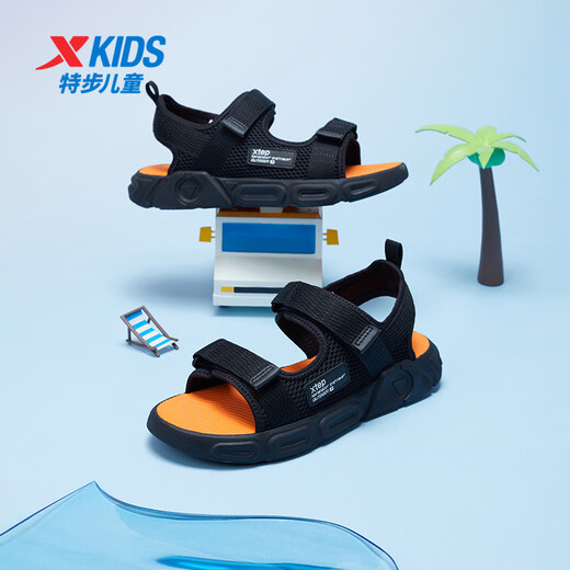 XTEP children's shoes, children's sports sandals, breathable and comfortable open-toe sandals, non-slip beach shoes, small, medium and large children's summer sandals, black 27