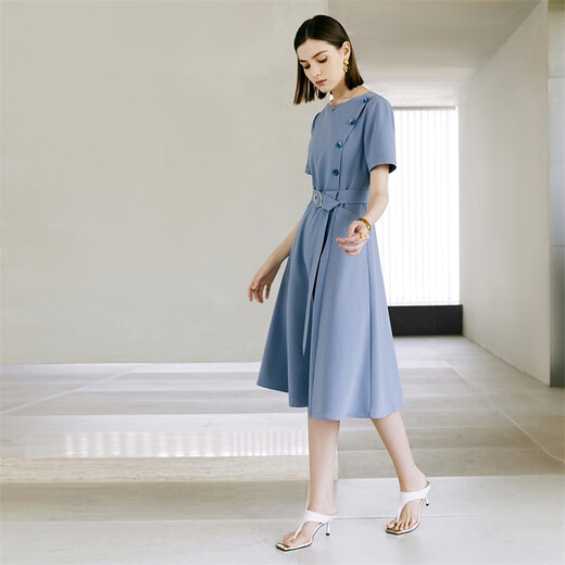 YanYEE Professional Women's Dress Solid Color Round Neck Short Sleeve 2024 Summer New Style Waist Slimming Commuter Button Blue M/38