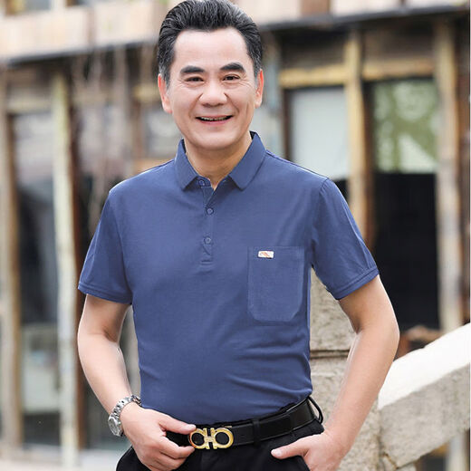 普戈斯夏季纯棉短袖t恤男士宽松中老年男装翻领上衣大红色夏天爸爸衣服 翻领701红色 XL 52# 【135-150斤】