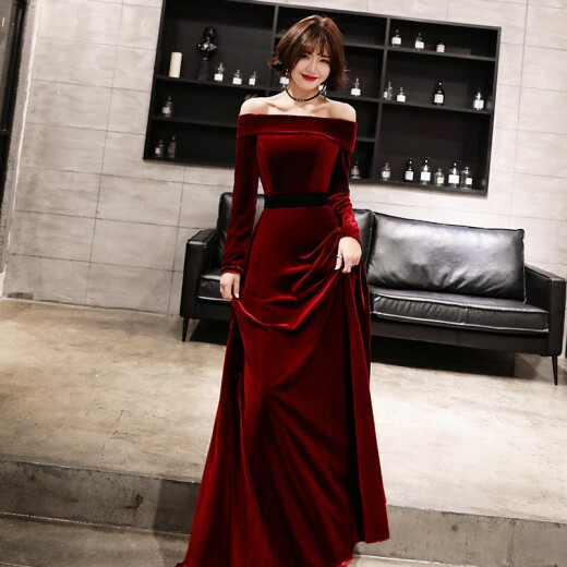 Snow Baolian annual meeting host evening dress for women 2019 new banquet noble and elegant slim red slim spring thickened long-sleeved temperament socialite European and American bird toast dress dress dark red S