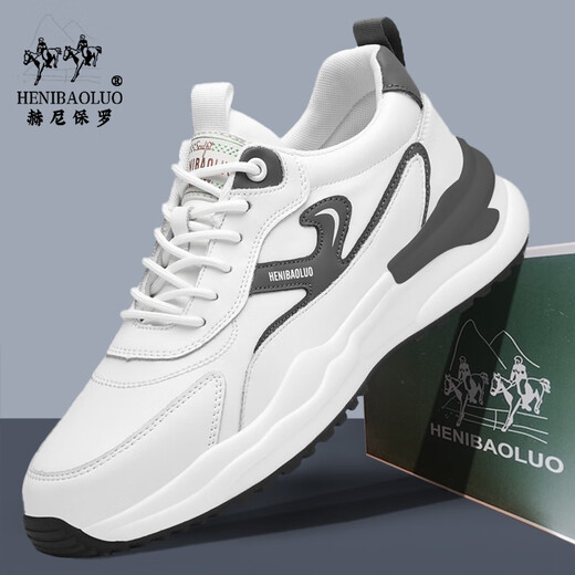 
HENIBAOLUO Sneakers (HENIBAOLUO) Men's genuine leather cowhide soft sole versatile men's casual mesh running shoes travel shoes men's high-end non-slip men's white and gray 9912 sports shoes size 41 leather shoes size