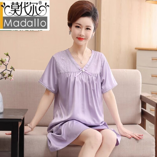 莫代尔妈妈睡裙女夏季冰丝薄款短袖中老年睡衣裙夏天中裙家居服 WH-719 XXXL(建议穿160斤-180斤)
