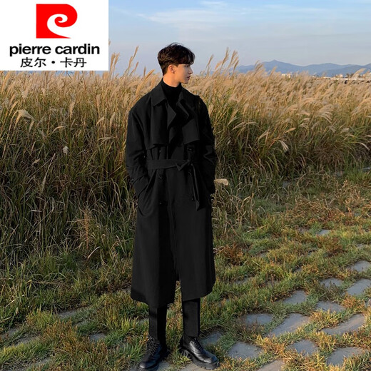 Pierre Cardin International Brand Spring and Autumn coreano y británico Windbreaker Jacket Fashion Men's Modion. Cubra larga tendencia de un solo pecho algodón negro m