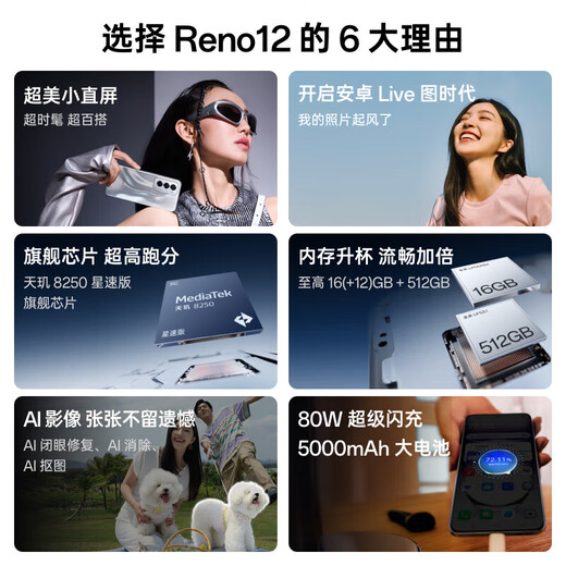 OPPO Reno12 超美小直屏 安卓Live图 天玑8250旗舰芯 12GB+256GB 柔和桃 长续航智能拍照 AI影像5G手机