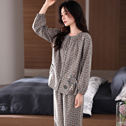 美即莱（MEIJILAI）睡衣女春秋季纯棉长袖薄款女士家居服全棉秋天新款宽松可外穿套装 1517 L（身高160-165体重110-120）