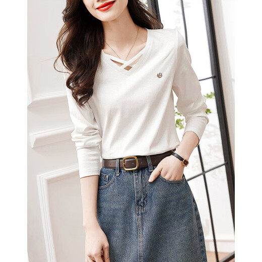 Demana (dme) temperament cotton polyester knitted women's T-shirt spring and autumn commuting v-neck micro-elastic long-sleeved T-shirt for women