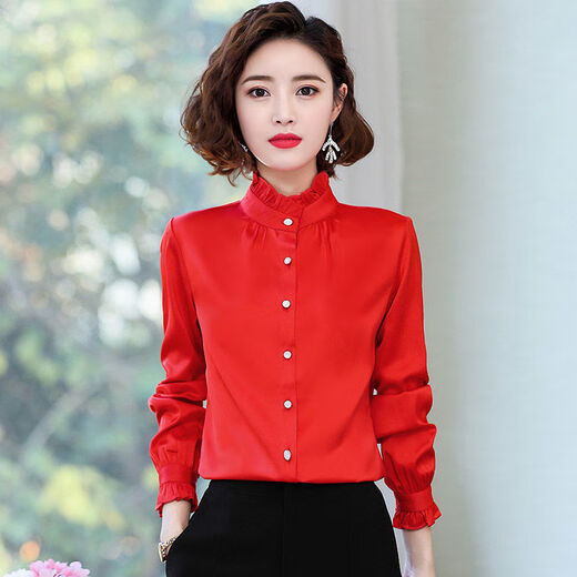 常缕竺广东普宁女士衬衫立领女长袖新款2024春秋季洋气质雪纺上衣打底衫 5012杏色 均码 s 建议80-95斤
