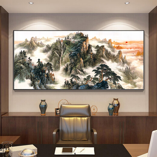 天启世纪【官方直销】山水国画字画老板办公室装饰画紫气东来靠山图装饰风 【背有靠山】CT-3527 【油画布】+加厚铝框 x 140*60cB
