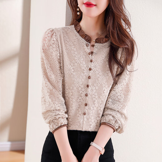 Woodpecker Stand Collar Lace Plus Velvet Thickened Bottoming Shirt Women 20204 Autumn and Winter New Style Age Reducing Top Shirt Cotton Thick Khaki L Recommended 110-119 Jin Jin equals 0.5 kg