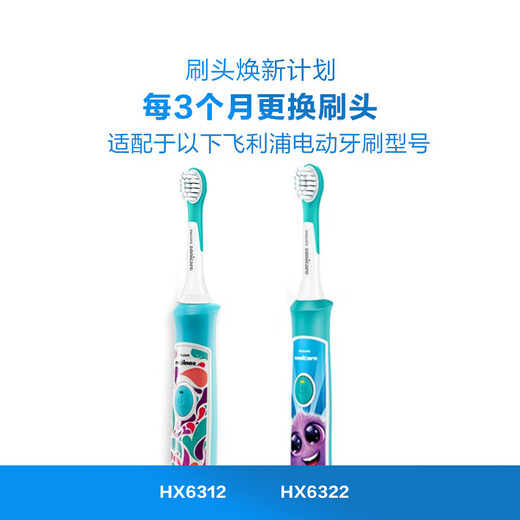 飞利浦电动牙刷头 儿童迷你型 2支装 HX6032/35 适配HX5232 HX6322 HX6352(新包装6032/63随机发货)