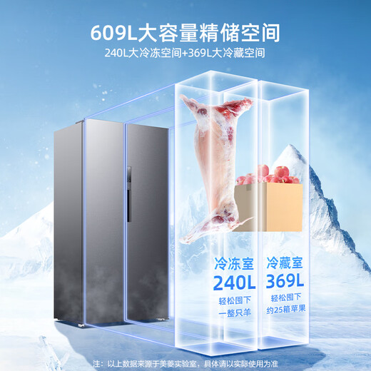 MeiLing Storage Division 609-liter side-by-side door refrigerator dual frequency conversion first-class energy-efficiency energy-saving ultra-large capacity household refrigerator air-cooled frost-free elegant gray BCD-609WPCX national subsidy