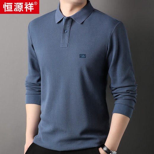 Hengyuanxiang 100% cotton long-sleeved T-shirt men's lapel Polo casual versatile top HJ155 medium gray 180/96A