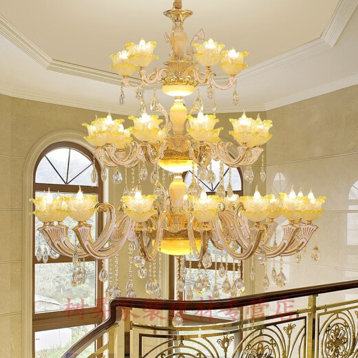 New Chinese style stairway chandelier, European style duplex floor, living room large chandelier, luxury and atmosphere, hotel villa hall stairwell, crystal long chandelier, gold-clad jade, three layers, 30 heads, width 1.45 meters, height 1.8 meters, free three-color LE