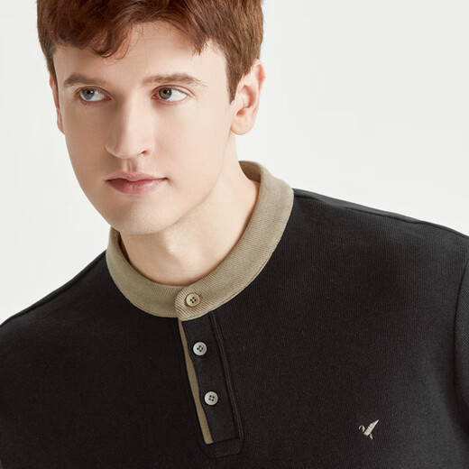 Qian Zhihe Spring and Autumn Men's Contrast Color Splicing Sweatshirt 2024 Autumn Henry Collar Embroidered Street Casual Tops Bottoming Shirt Trendy 63C Black XL