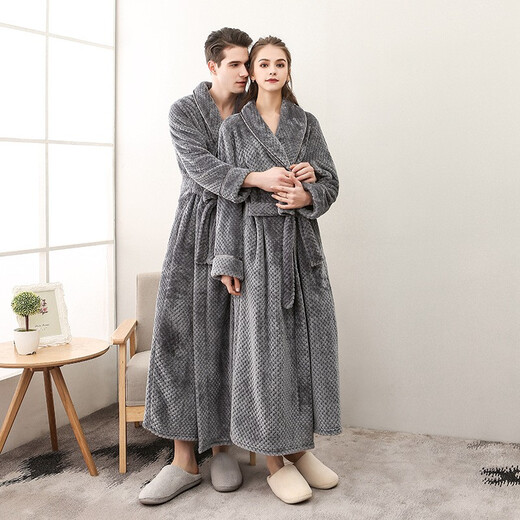 Year-End Nightgown Autumn and Winter Thickened Bathrobe Men and Women's Beibei Velvet Pajamas Extra Long Flannel Couple Bathrobe 1506 Gray Male 3XL 175-185CM, 140-200Jin Jin is equal to 0.5 kg