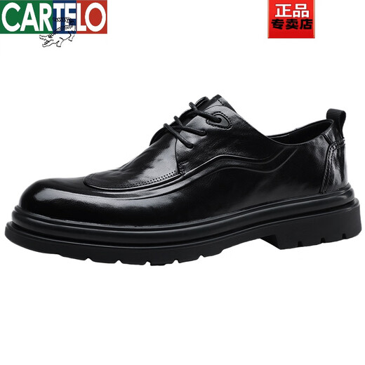 CARTELO crocodile leather shoes men's cowhide business formal wear British style Korean style trendy lace-up inner leather soft sole casual men's shoes black normal style 40
