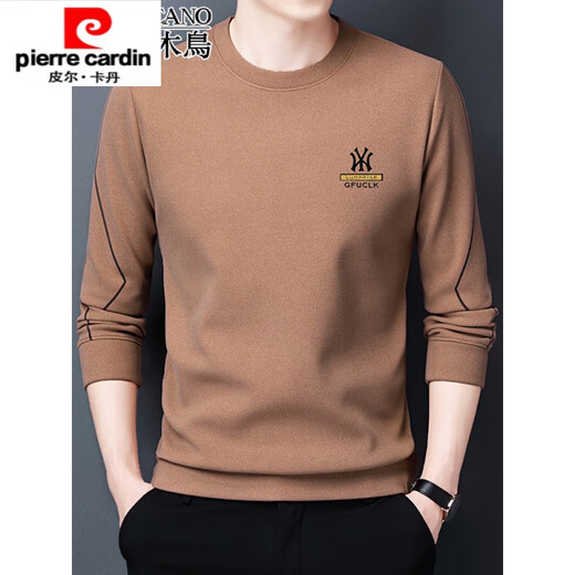 Pier Cardin high-end pure cotton long-sleeved T-shirt for men for men loose round neck sweatshirt for men autumn top T-shirt base shirt trendy men's clothing 9929 camel color 175/XL suggestion 135-150Jin [Jin equals 0.5 kg]