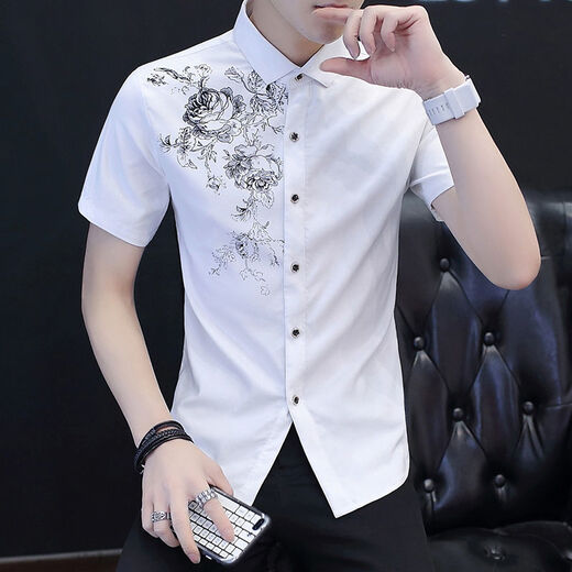 Yunhanye short-sleeved shirt men's Korean style trendy slim casual printed teenager summer half-sleeved shirt handsome shirt trendy 829 black high quality M suitable for 80-100Jin [Jin equals 0.5 kg]