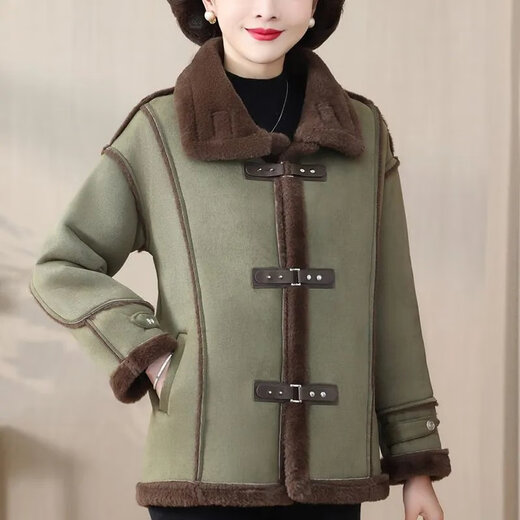 皮尔卡丹（pierre cardin）妈妈冬装加绒加厚皮毛一体短款外套女中老年女装羊羔鹿皮绒机车服 咖色 XL 建议90-110斤