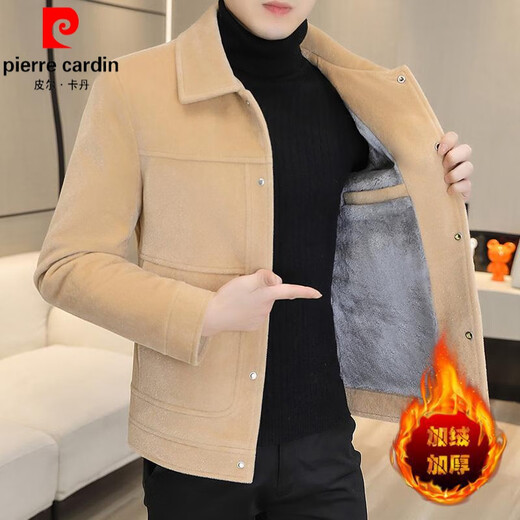 Pierre Cardin 2025 autumn and winter new gold woolen men's jacket woolen woolen velvet thickened lambswool jacket parka clothes magic black XL 125-145Jin Jin equals 0.5 kg