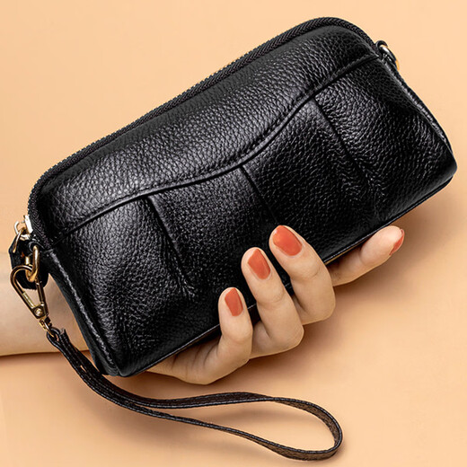 Grozd genuine first-layer cowhide mother's handbag women's clutch long wallet clutch bag zipper mobile phone bag black (handbag style-wrist strap)